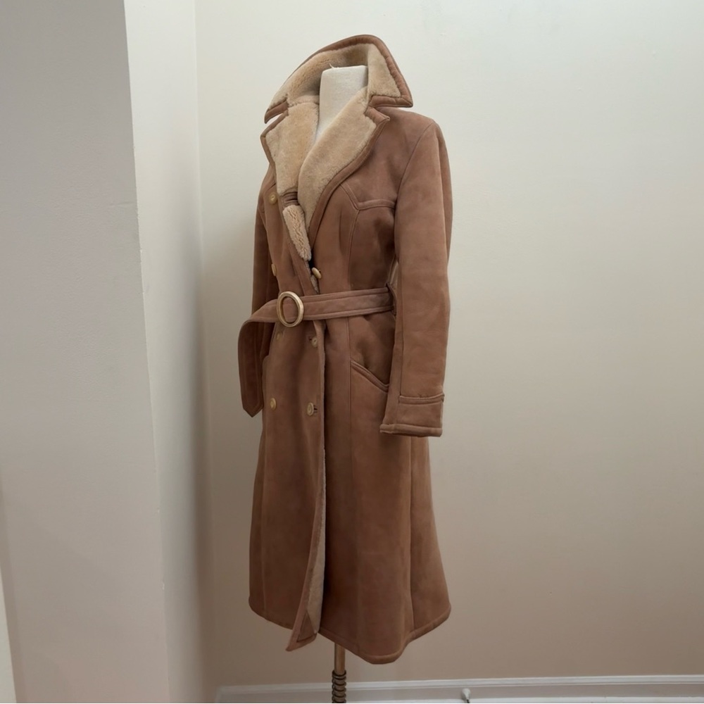 Vintage 70s Abercrombie & Fitch Tan Penny Lane Lamb Shearling Trench Coat Sz S/M - Picture 3 of 16